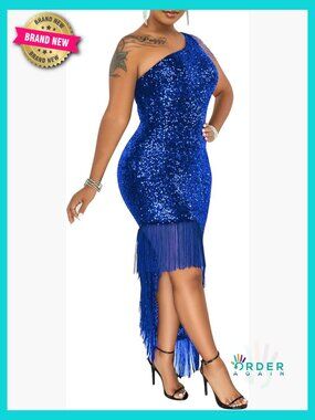 Sequined One Shoulder Mermaid Bodycon Midi Formal Party Dress Sleeveless Zipper
